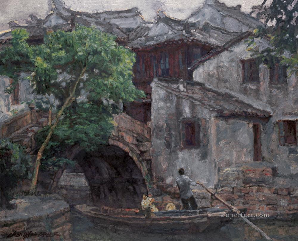 Ciudad ribereña del sur de China 2002 Paisaje chino de Shanshui Pintura al óleo